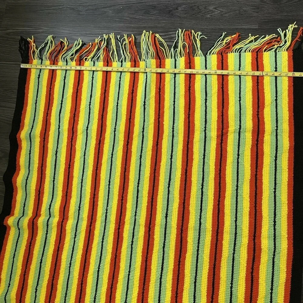 Crochet Throw Afghan Blanket Textured 49.5 x 59 Green Orange Yellow Black MCM